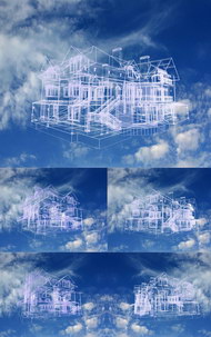 蓝天中立体房屋构架透视图