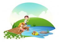 儿童河边戏水卡通图片